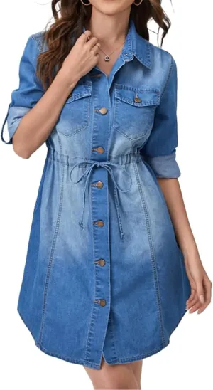 Women's Denim Dresses Long Sleeve Button Down Midi Jean Dress