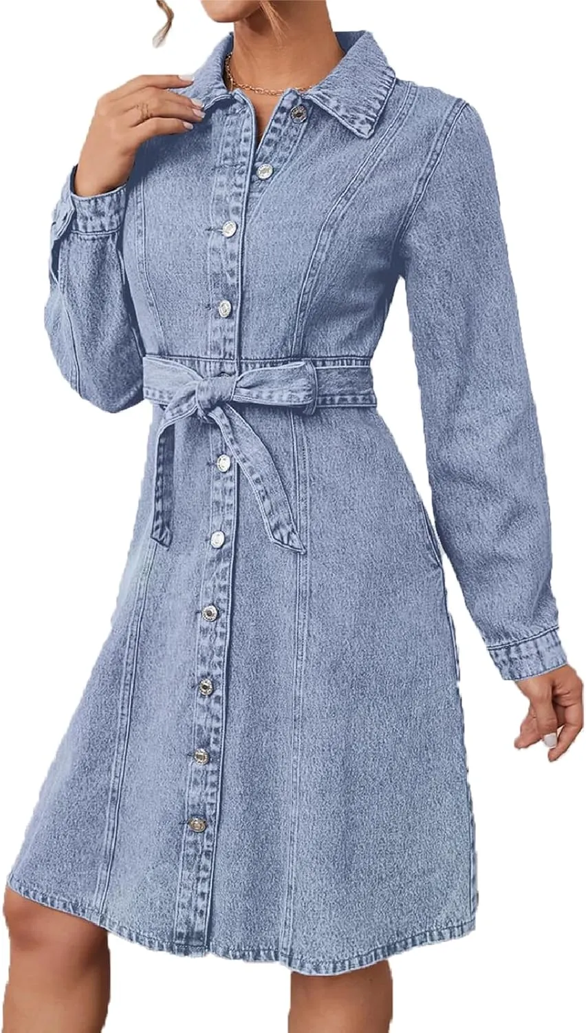 Women's Denim Dresses Long Sleeve Button Down Midi Jean Dress