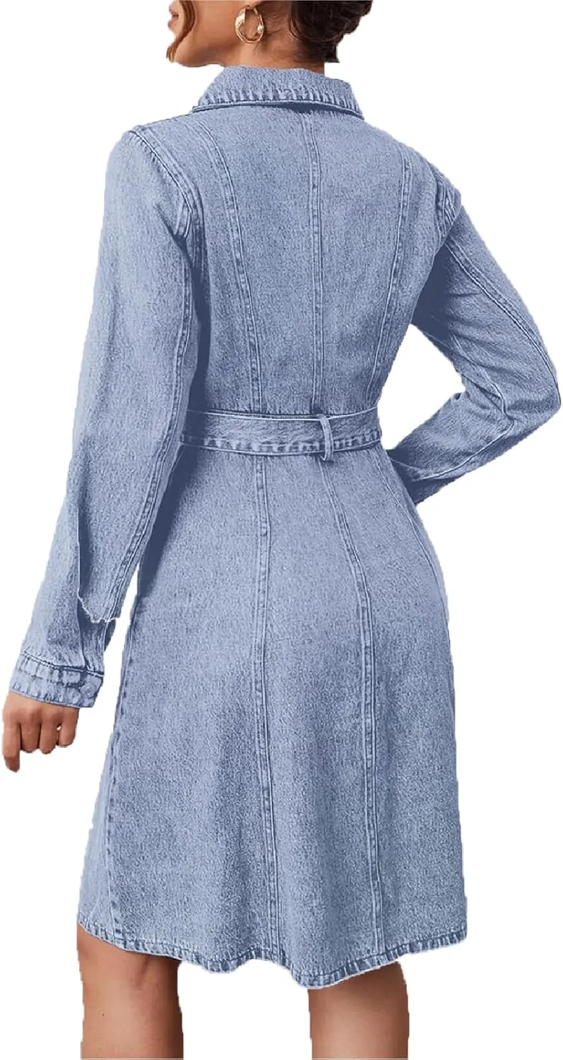 Women's Denim Dresses Long Sleeve Button Down Midi Jean Dress