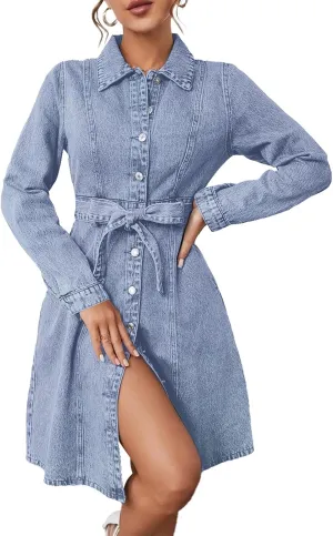 Women's Denim Dresses Long Sleeve Button Down Midi Jean Dress