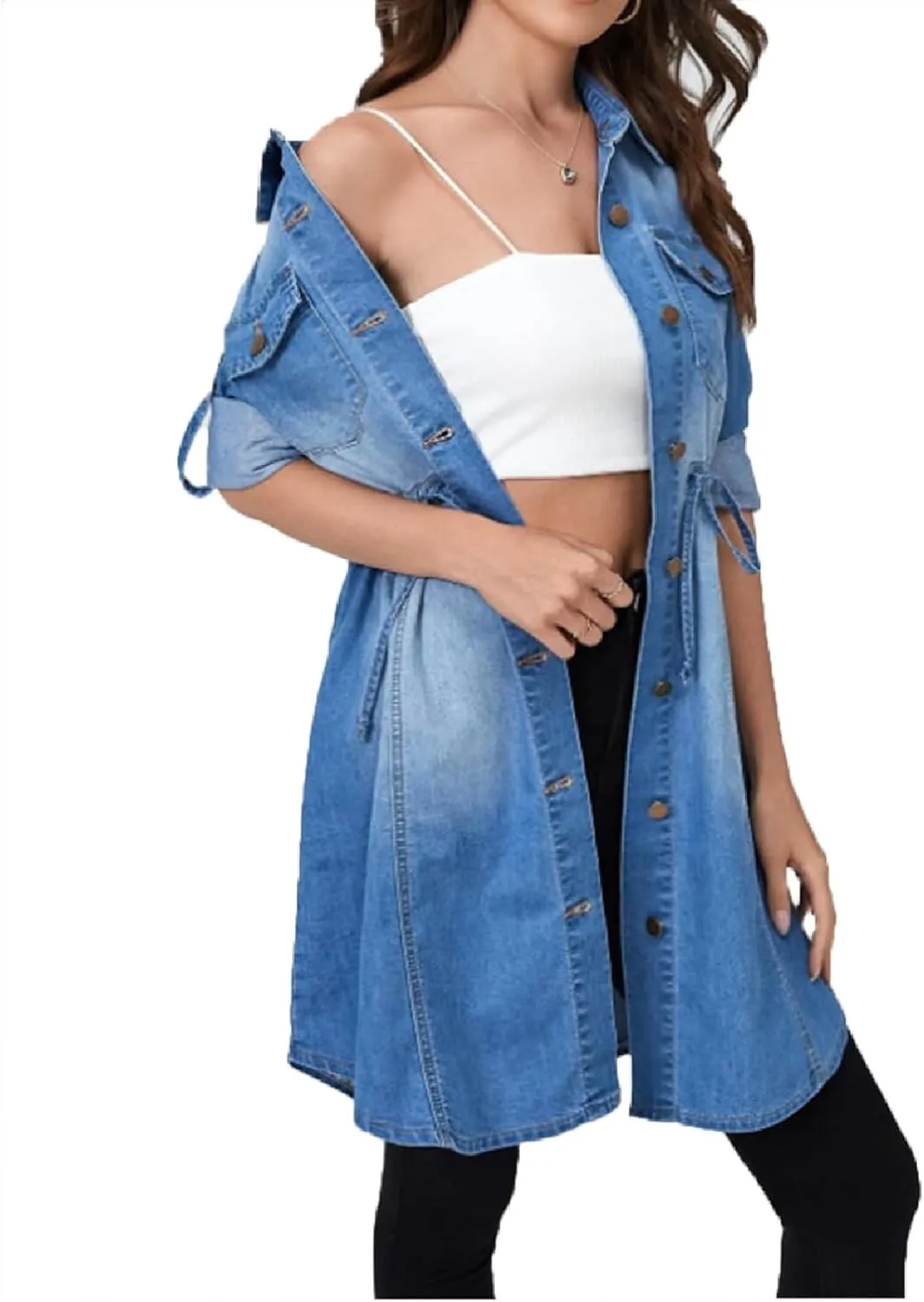 Women's Denim Dresses Long Sleeve Button Down Midi Jean Dress