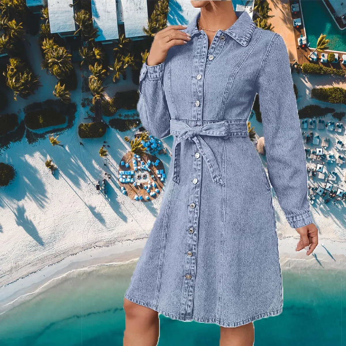 Women's Denim Dresses Long Sleeve Button Down Midi Jean Dress