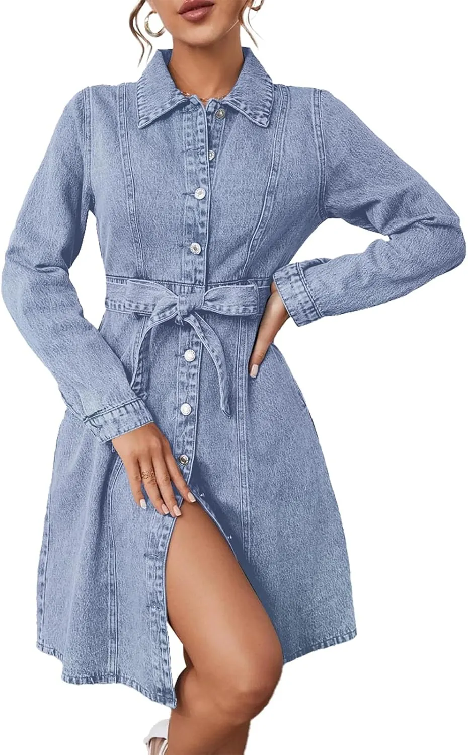 Women's Denim Dresses Long Sleeve Button Down Midi Jean Dress