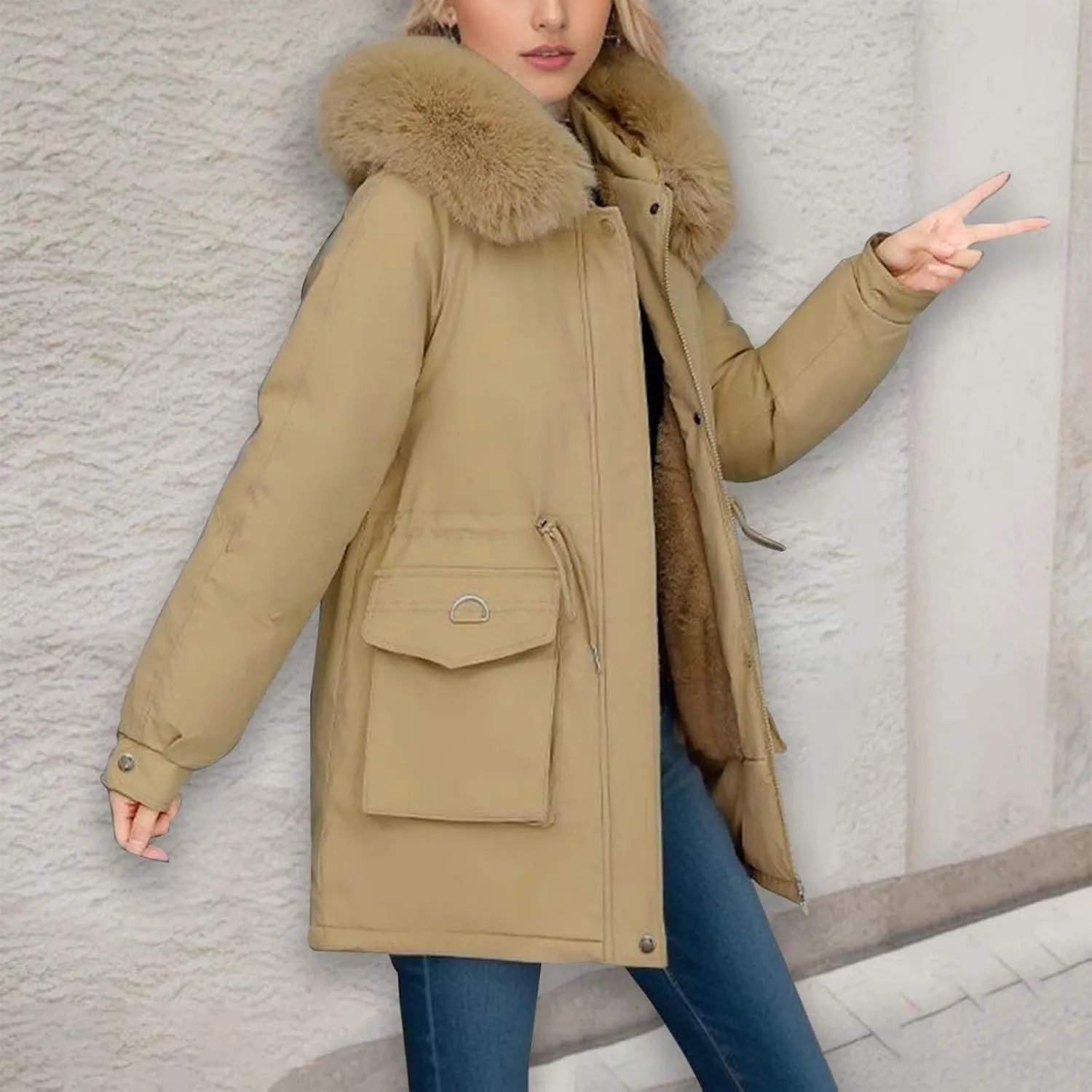 Women's Down Jackets Mid Length Thickened Quilted Puffer Jackets Padded Winter Coat Faux Fur Hooded Outerwear Pockets
