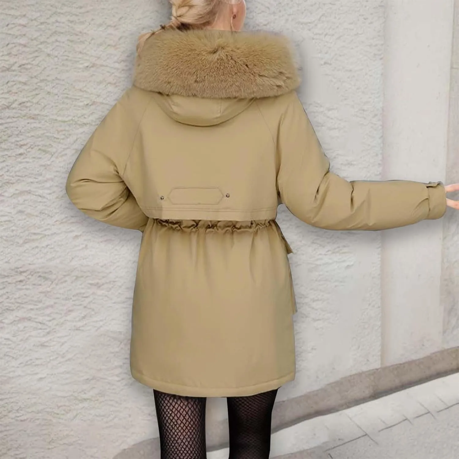 Women's Down Jackets Mid Length Thickened Quilted Puffer Jackets Padded Winter Coat Faux Fur Hooded Outerwear Pockets