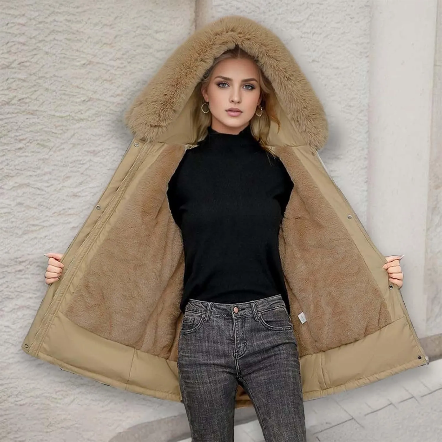 Women's Down Jackets Mid Length Thickened Quilted Puffer Jackets Padded Winter Coat Faux Fur Hooded Outerwear Pockets