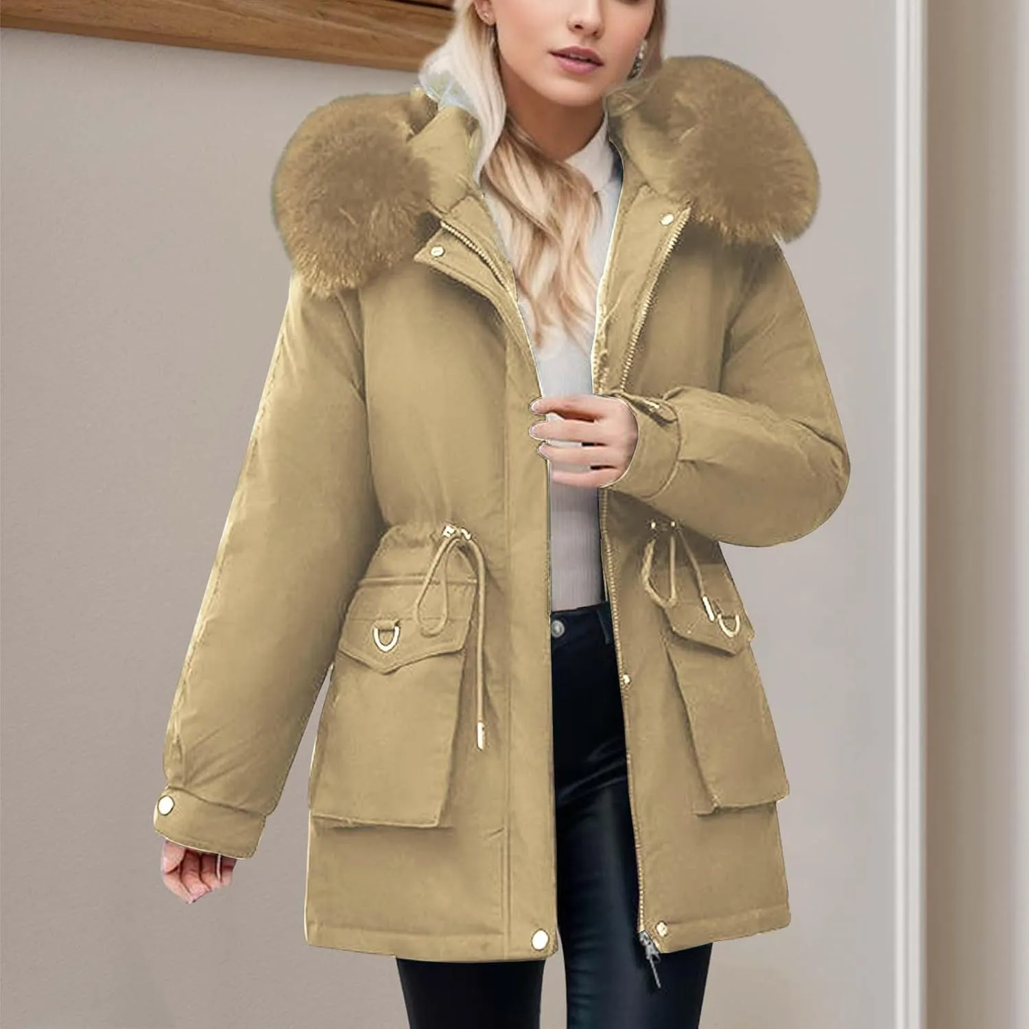 Women's Down Jackets Mid Length Thickened Quilted Puffer Jackets Padded Winter Coat Faux Fur Hooded Outerwear Pockets