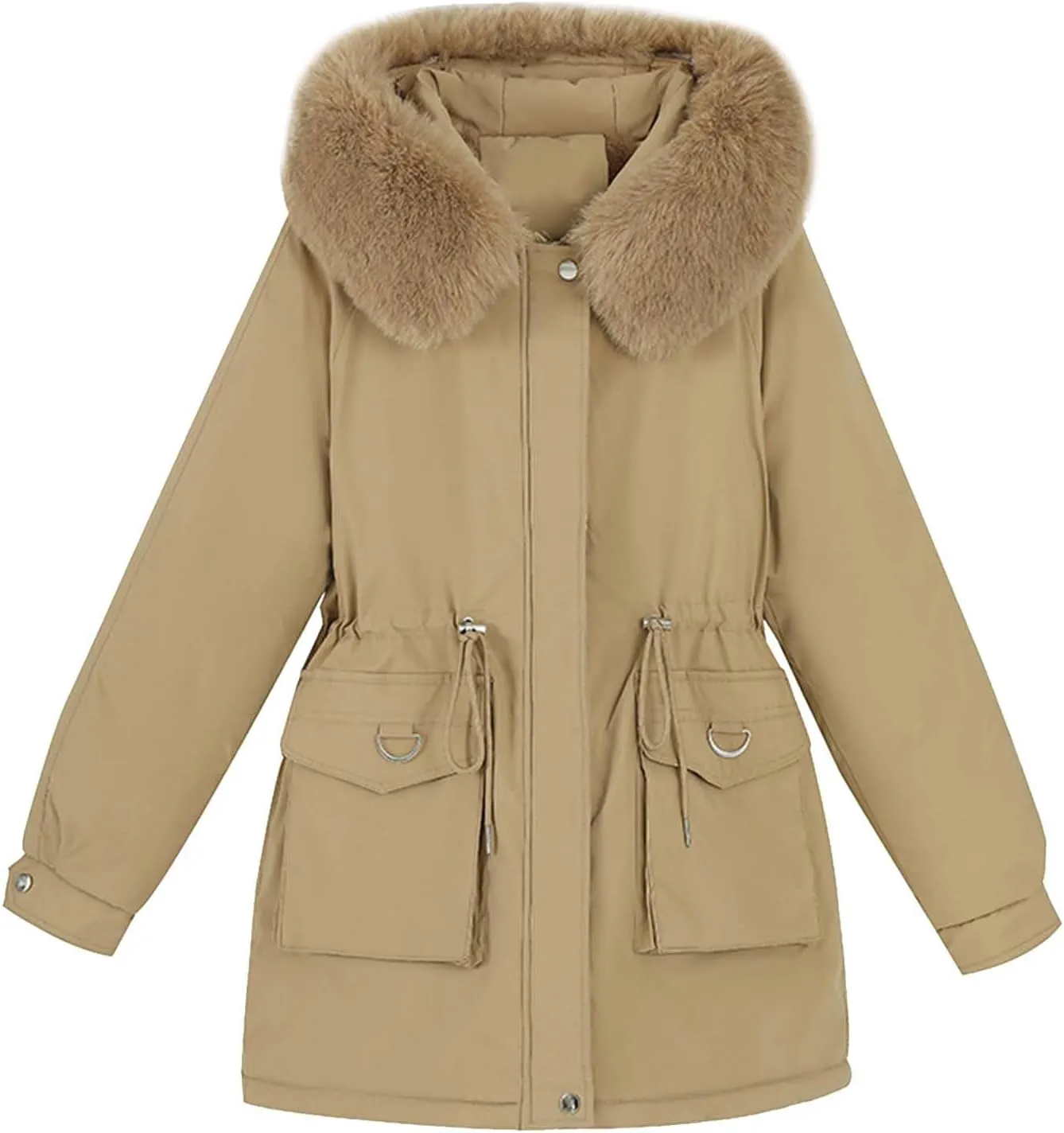 Women's Down Jackets Mid Length Thickened Quilted Puffer Jackets Padded Winter Coat Faux Fur Hooded Outerwear Pockets