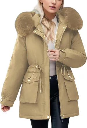 Women's Down Jackets Mid Length Thickened Quilted Puffer Jackets Padded Winter Coat Faux Fur Hooded Outerwear Pockets