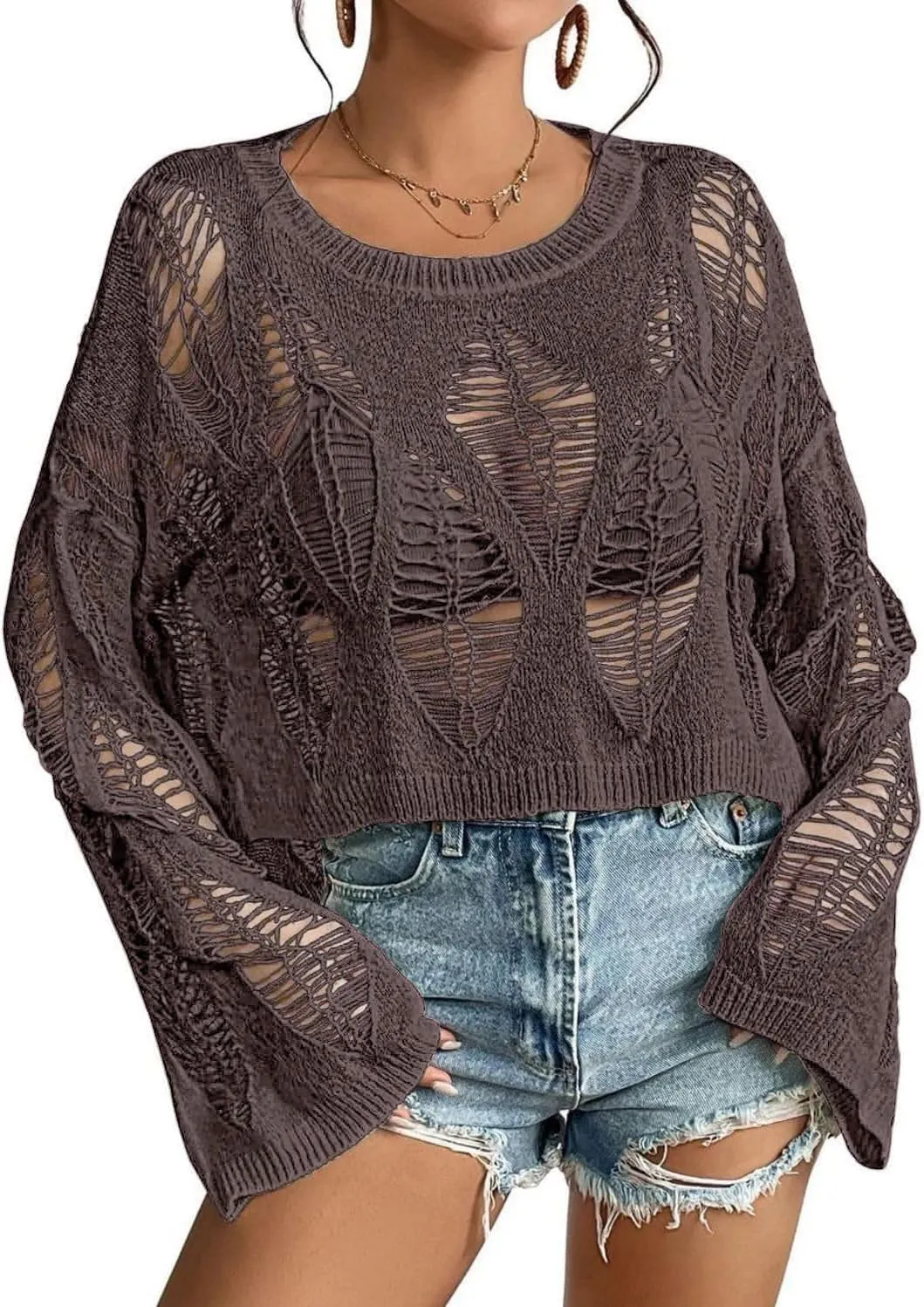 Womens Gothic Short Sweaters Oversized Punk Goth Sweater Long Bell Sleeve Knitting Crop Tops US Size S-XL