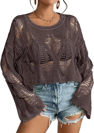 Womens Gothic Short Sweaters Oversized Punk Goth Sweater Long Bell Sleeve Knitting Crop Tops US Size S-XL