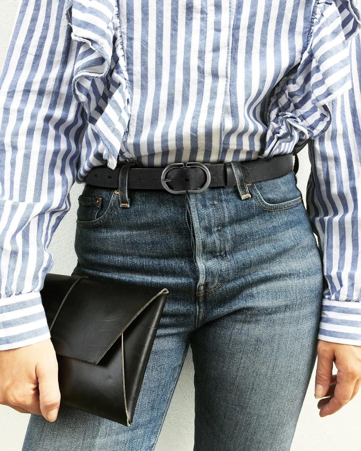 Womens Leather Belts for Jeans Pants - CR 1.3" Width Casual Ladies Belt - Fashion Center Bar Gold Buckle