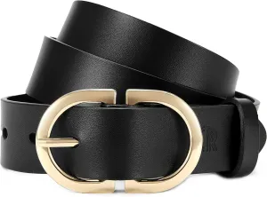 Womens Leather Belts for Jeans Pants - CR 1.3" Width Casual Ladies Belt - Fashion Center Bar Gold Buckle