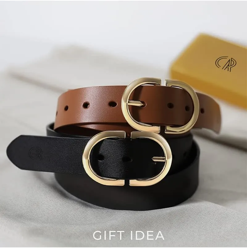 Womens Leather Belts for Jeans Pants - CR 1.3" Width Casual Ladies Belt - Fashion Center Bar Gold Buckle