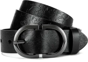 Womens Leather Belts for Jeans Pants - CR 1.3" Width Casual Ladies Belt - Fashion Center Bar Gold Buckle