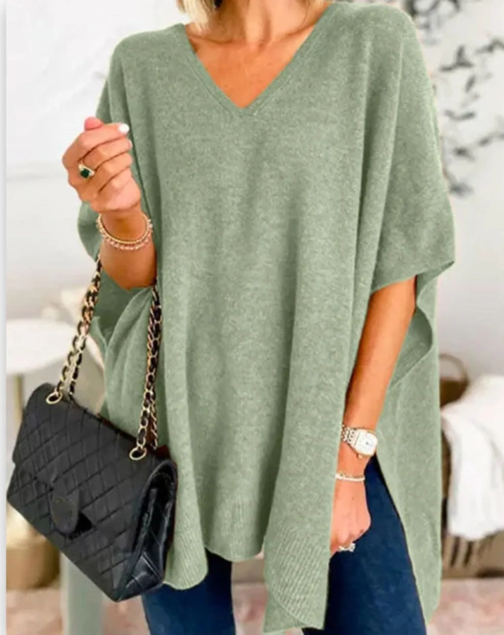 Womens Poncho Sweater Women V Neck Ponchos and Wraps Batwing Sleeveless Shawl Pullover Sweaters Women's Clothing