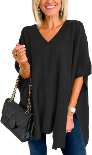 Womens Poncho Sweater Women V Neck Ponchos and Wraps Batwing Sleeveless Shawl Pullover Sweaters Women's Clothing