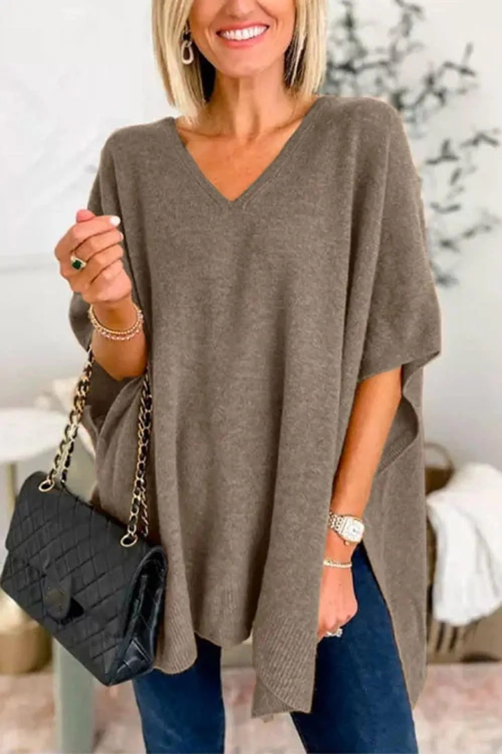 Womens Poncho Sweater Women V Neck Ponchos and Wraps Batwing Sleeveless Shawl Pullover Sweaters Women's Clothing
