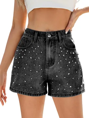 Women's Rhinestone Denim Shorts Studded Cute High Waisted Jeans Shorts Summer Causal Vintage Y2K Jean Short with Pockets