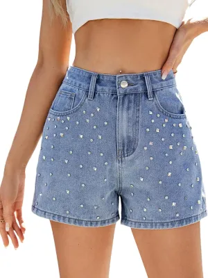 Women's Rhinestone Denim Shorts Studded Cute High Waisted Jeans Shorts Summer Causal Vintage Y2K Jean Short with Pockets