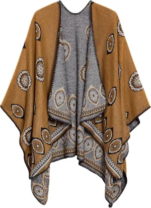 Women's Vintage Pattern Open Front Poncho Cape Shawl Winter Shawl Wraps
