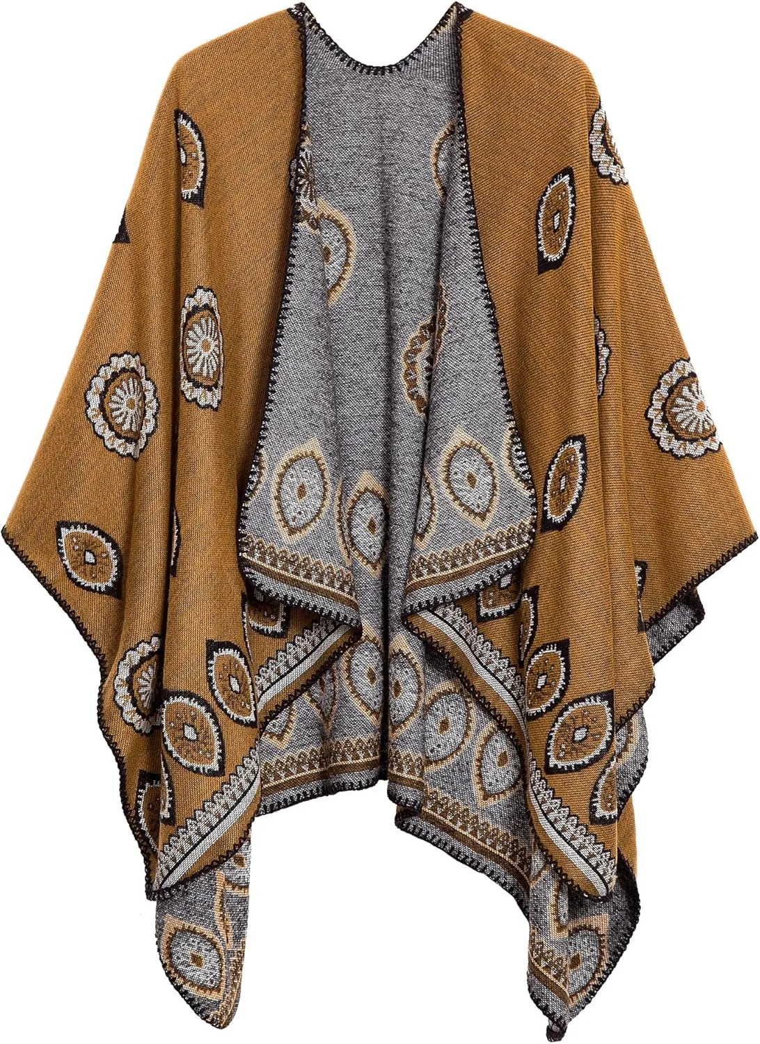 Women's Vintage Pattern Open Front Poncho Cape Shawl Winter Shawl Wraps