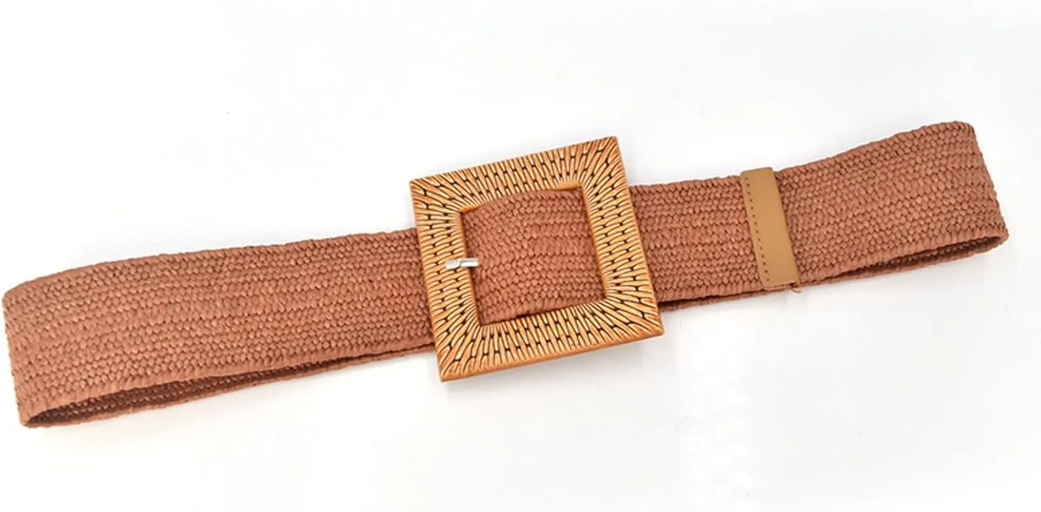 Woven Belt for Women Straw Woven Elastic Stretch Wide Waist Belt Bohemian with Buckle