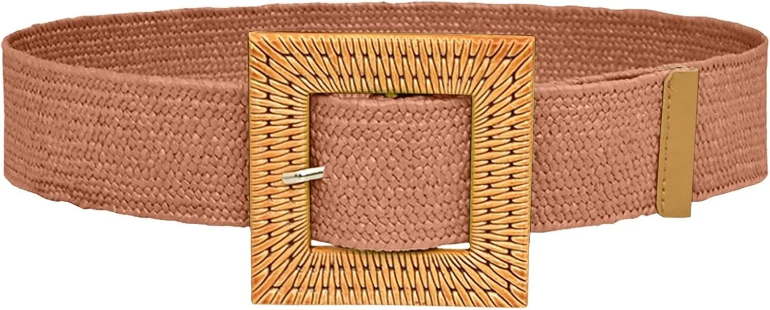 Woven Belt for Women Straw Woven Elastic Stretch Wide Waist Belt Bohemian with Buckle