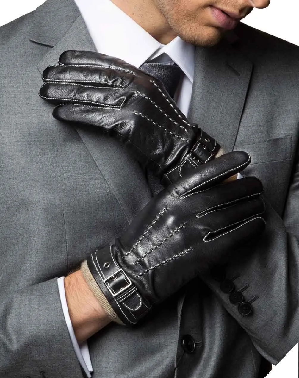 YISEVEN Men's Winter Cashmere Lined Touchscreen Lambskin Leather Gloves