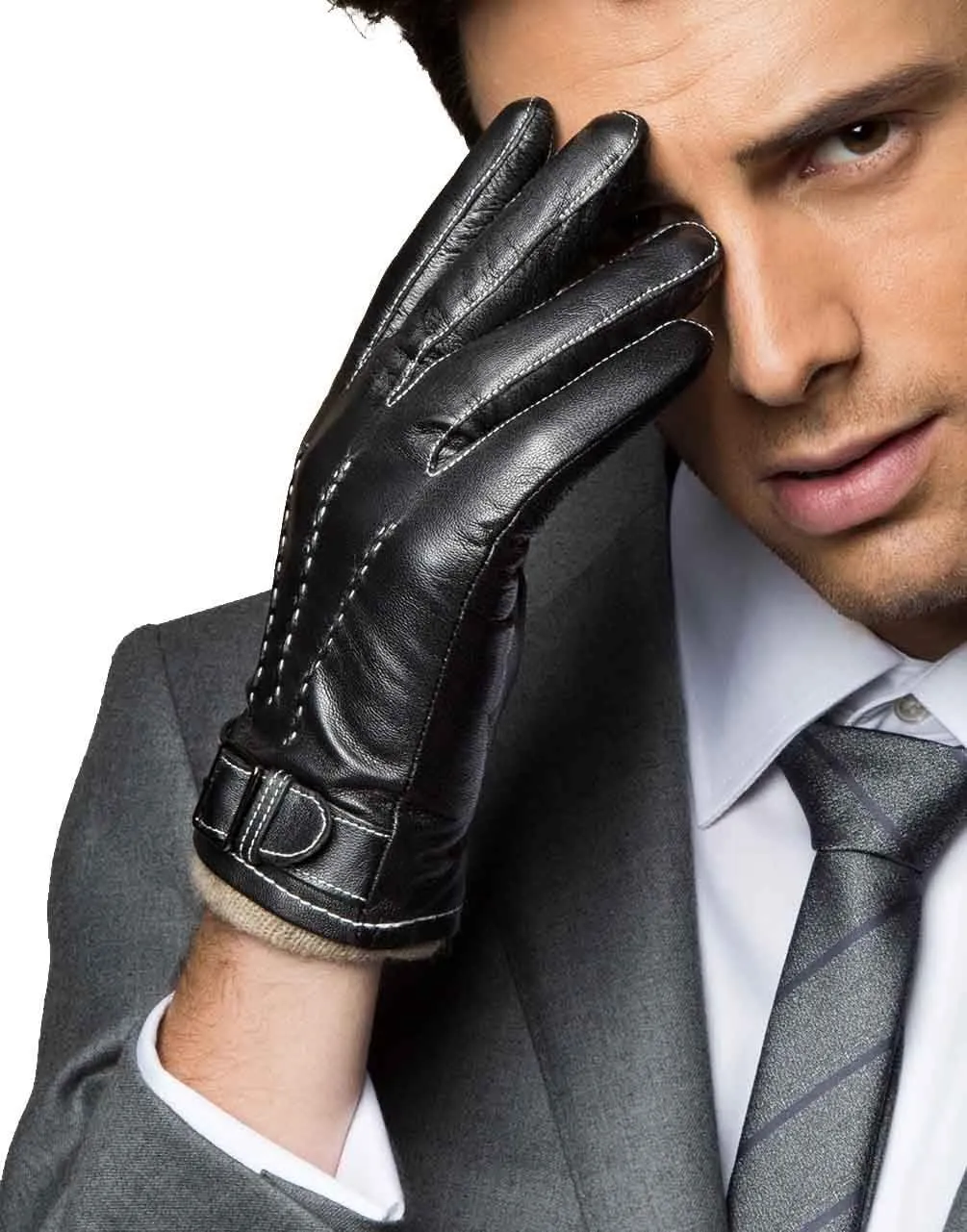 YISEVEN Men's Winter Cashmere Lined Touchscreen Lambskin Leather Gloves