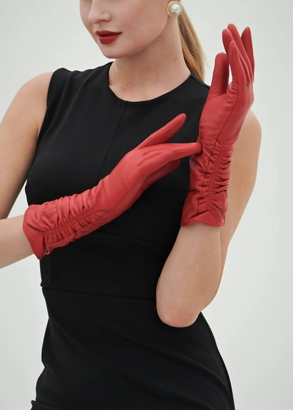 YISEVEN Women’s Mid Length Long Leather Gloves Touchscreen with Wrinkled Design