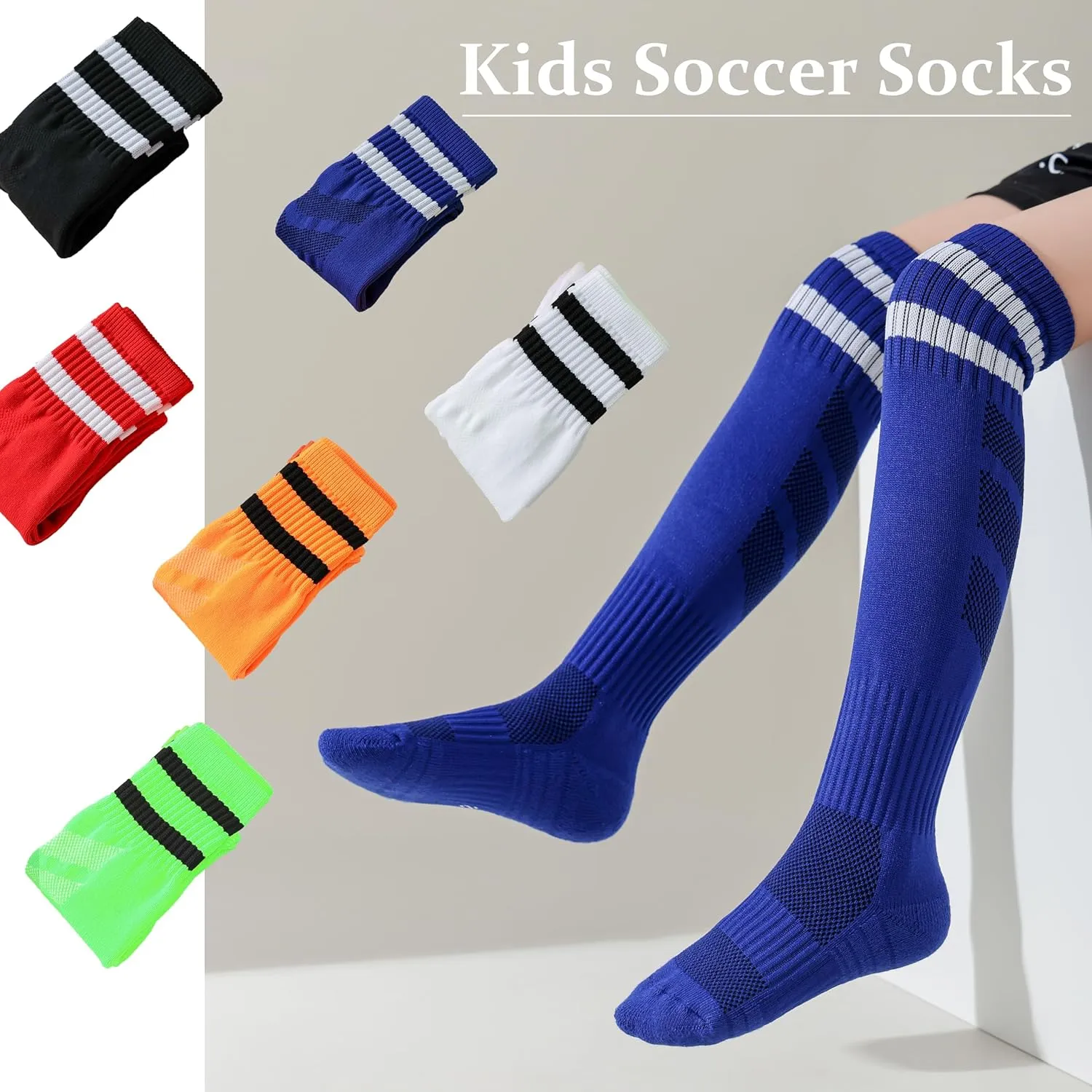 Youth Soccer Socks Kids Athletic Socks Striped Cushion Knee High Baseball Socks