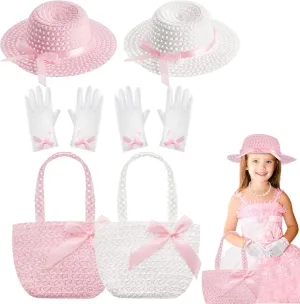 Zhanmai 6 Pcs Girls Tea Party Hats Accessories Set Kids Tea Party Bonnets Hats and Gloves Purses for Girls Dress up Favors