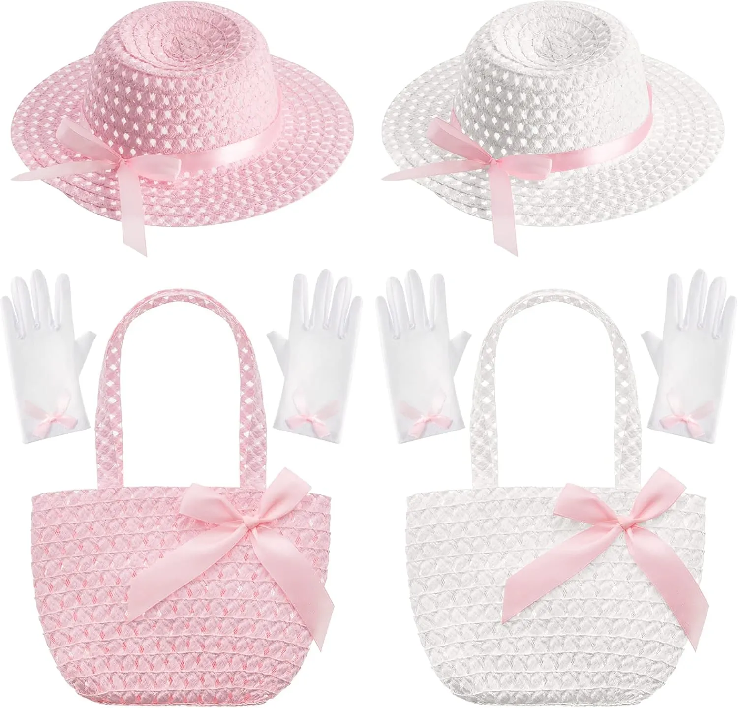 Zhanmai 6 Pcs Girls Tea Party Hats Accessories Set Kids Tea Party Bonnets Hats and Gloves Purses for Girls Dress up Favors