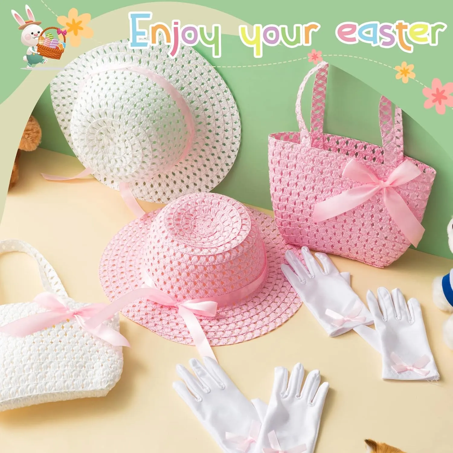 Zhanmai 6 Pcs Girls Tea Party Hats Accessories Set Kids Tea Party Bonnets Hats and Gloves Purses for Girls Dress up Favors